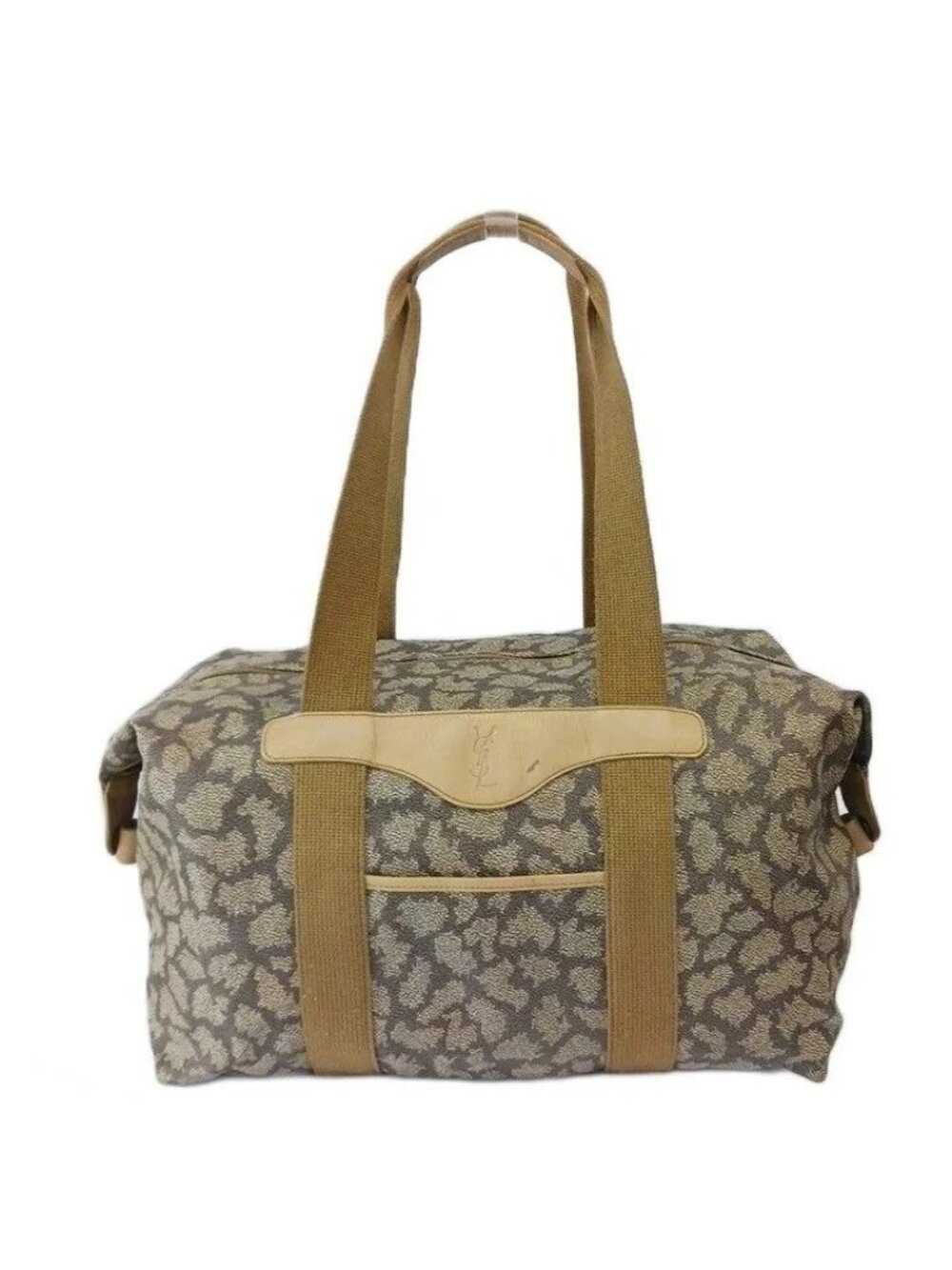 Saint Laurent Vintage Boston Bag Tote Leather Giraffe Pattern YSL Logo Embossed